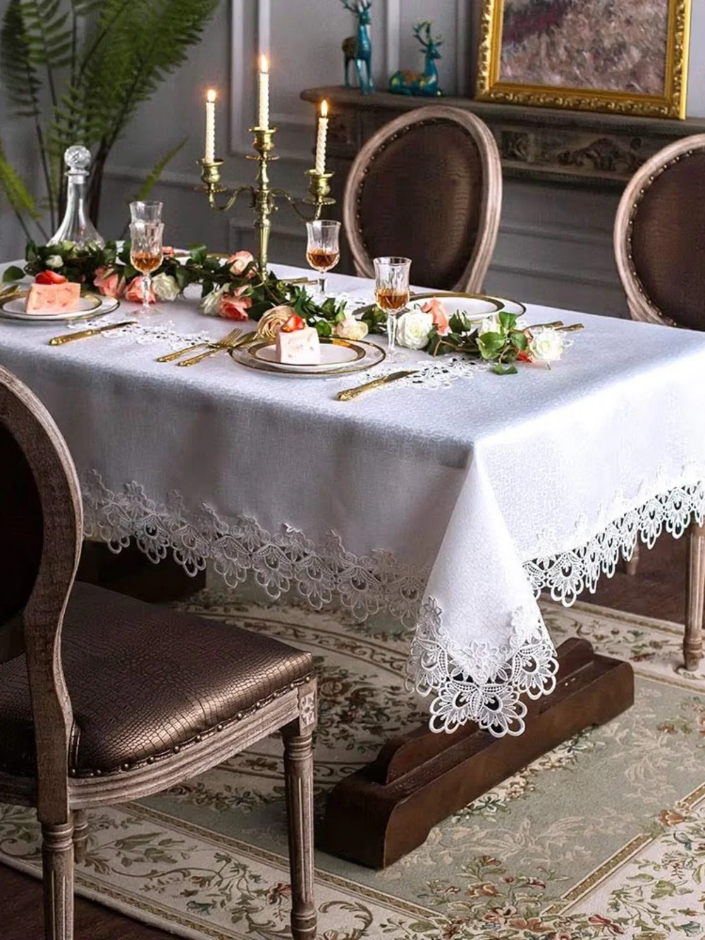 ARTABLE Rectangular Lace Tablecloth Macrame Border Embroidered White, 52